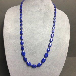 Long Graduated Oval Necklace Navy Blue Silver Hook Smooth Retro Classic